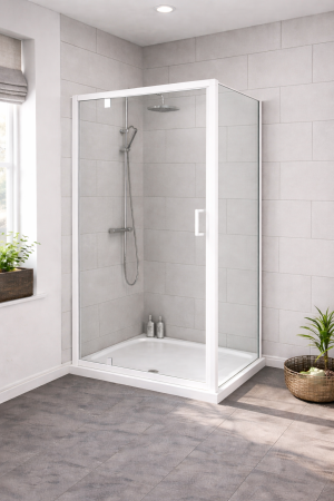 Douchecabine met draaideur en witte profielen